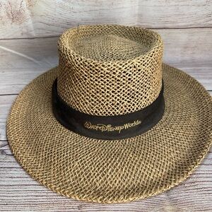 Walt Disney World Flat Brim Hat Natural Straw Black Ribbon Adult Size Parks Sun